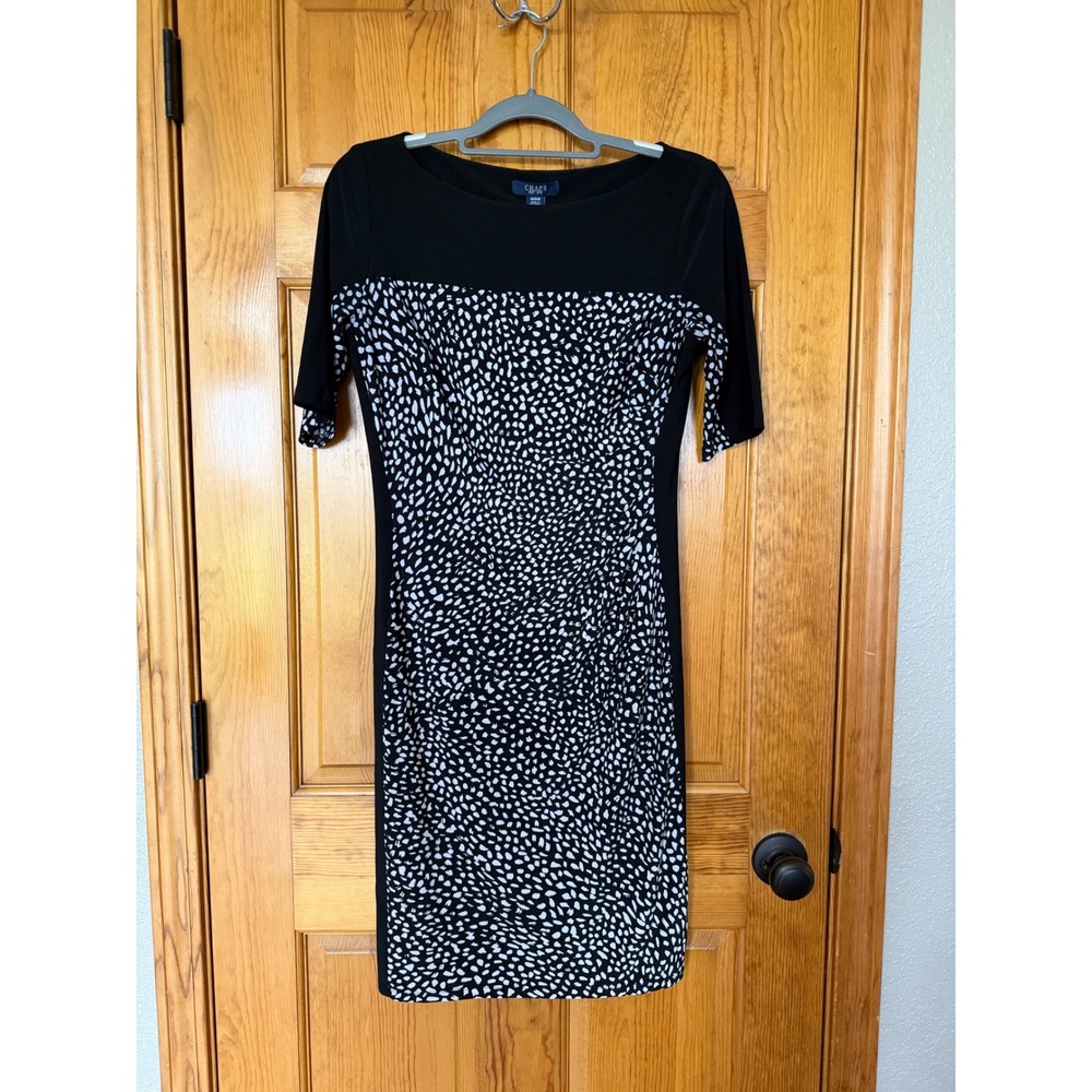 Chaps Womens Black White Abstract Dot Print Ruched Sheath Dress Size Medium